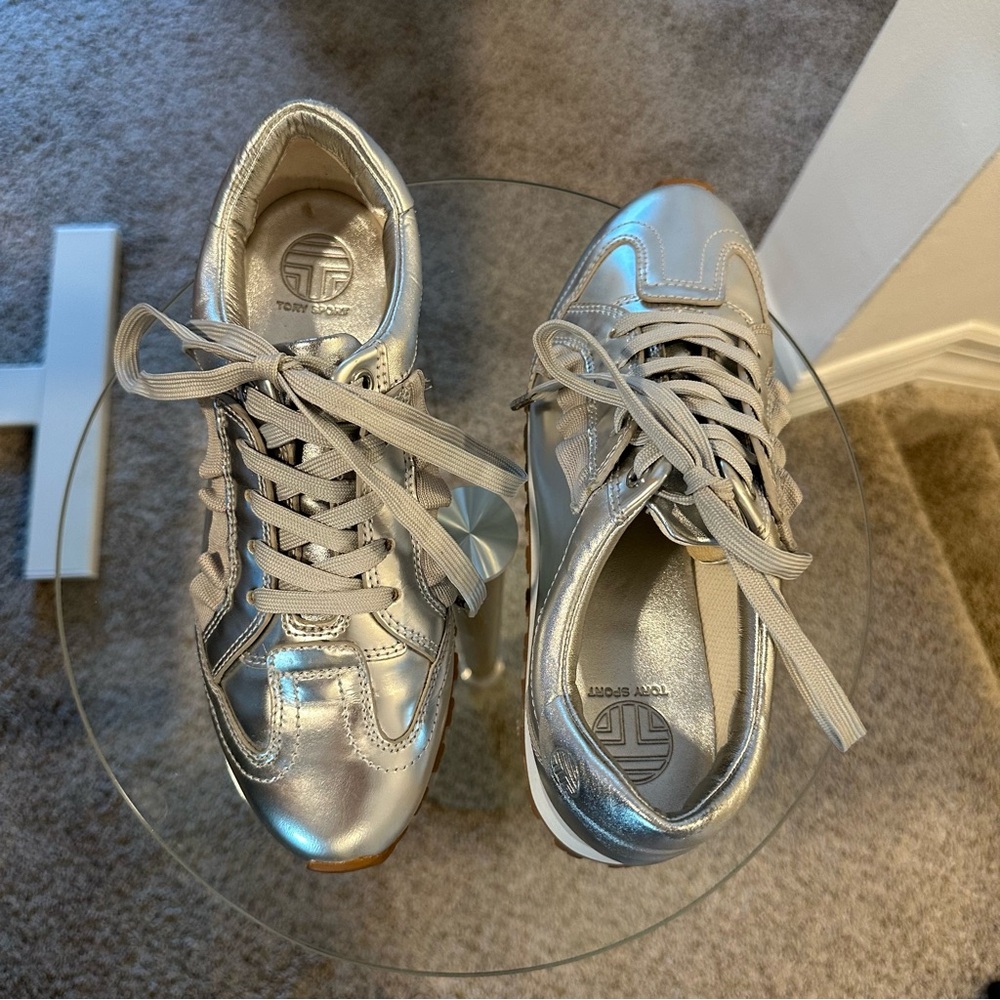 Tory Burch Sport Women's Ruffle Trainer Leather Lace Up Sneakers in Silver - Picture 5 of 12